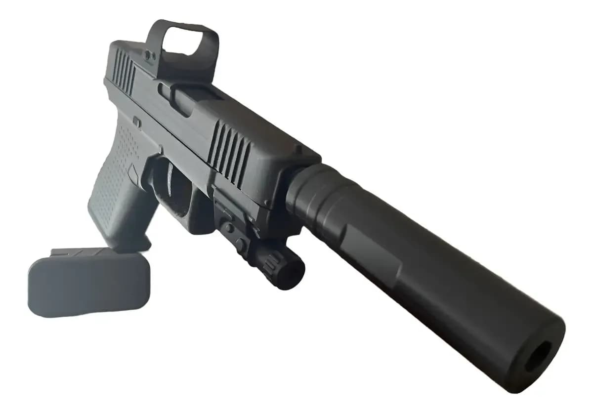 Pistola Glock 3d Decorativa Tamanho Real Com Silenciador