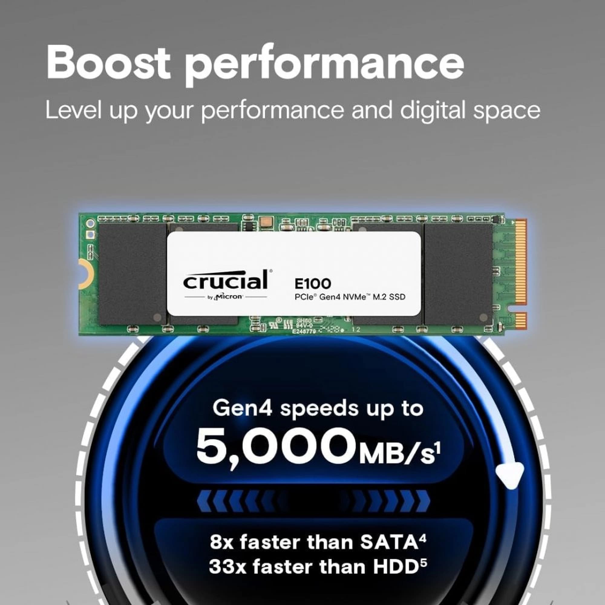 SSD M.2 NVME 2 TERA CRUCIAL E100 VELOCIDADE: LEITURA 5.000MB'S GRAVACAO 4500MB'S PCIE 4.0 - CT2000E100SSD8