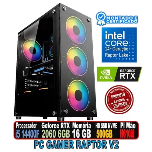 PC GAMER RAPTOR V2 INTEL I5 14400F, GEFORCE RTX 2060 PCYES 6GB, H610M, 1GB DDR4, SSD 500GB, FONTE 500W, HAYOM 1749