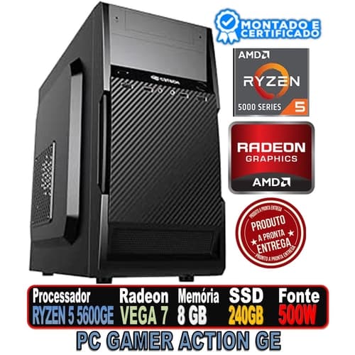 PC GAMER ACTION GE AMD RYZEN 5600GE, MEMORIA 8GB DDR4, PL. MAE A520M, SSD 240GB SATA III, GABINETE PRETO