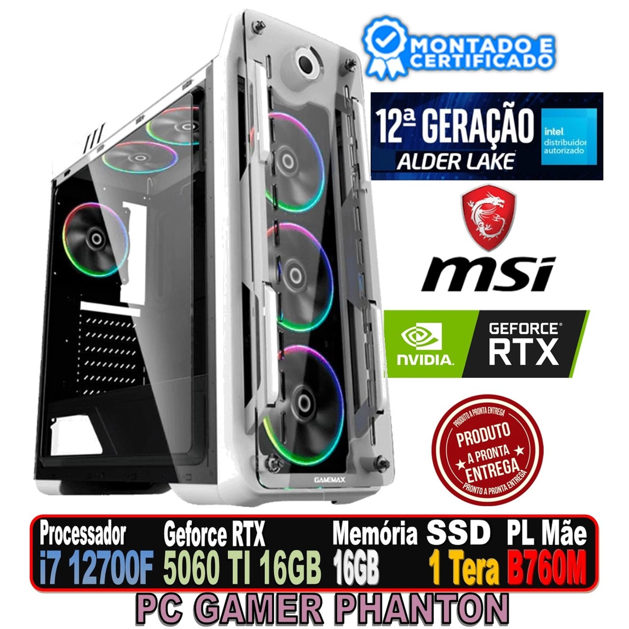 PC GAMER PHANTON INTEL I7 12700F, RTX 5060 TI 16GB, B760 MSI, 16GB DDR4, SSD 1 TERA, FONTE 750W 80 PLUS, OPTICAL BRANCO