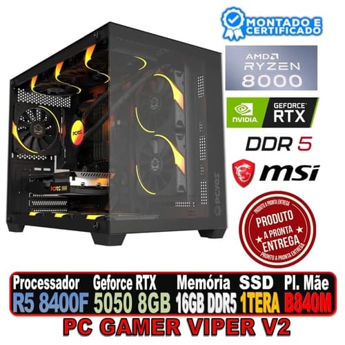 PC GAMER VIPER V2 RYZEN 5 8400F, RTX 5050 8GB, B840M MSI, 16GB DDR5, SSD 1 TERA, FONTE 600W, FORCEFIELD V2