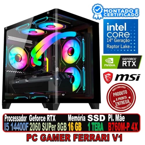 PC GAMER FERRARI V1 INTEL I5 14400F, RTX 2060 8GB SUPER, 16GB 3200MHZ, B760M MSI, SSD 960GB, FONTE 600W 80 PLUS, GB1980 BK 4 FANS